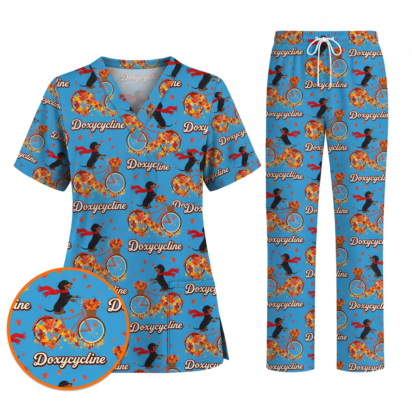 Autumn Dachshund Scrub Top, Cute Wiener Dog Fall Nursing Uniform, Breathable Veterinary Scrub Shirt