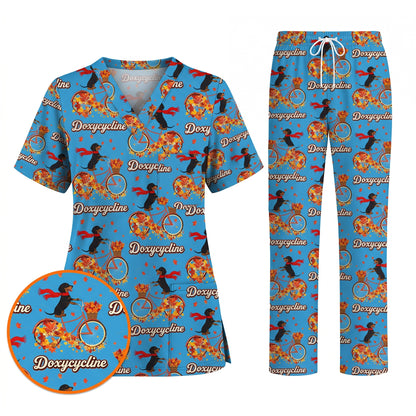 Autumn Dachshund Scrub Top, Cute Wiener Dog Fall Nursing Uniform, Breathable Veterinary Scrub Shirt