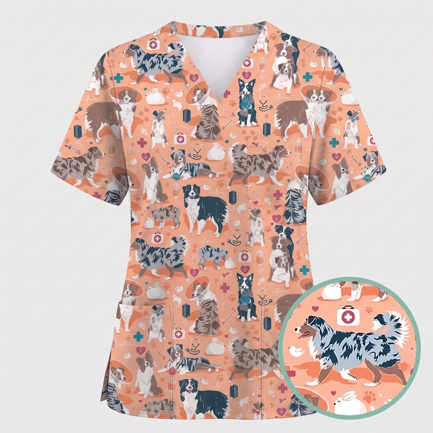 Cute Dog Pattern Veterinary Scrub Top, Breathable Fabrics Nursing Uniform, Gift For Nursing