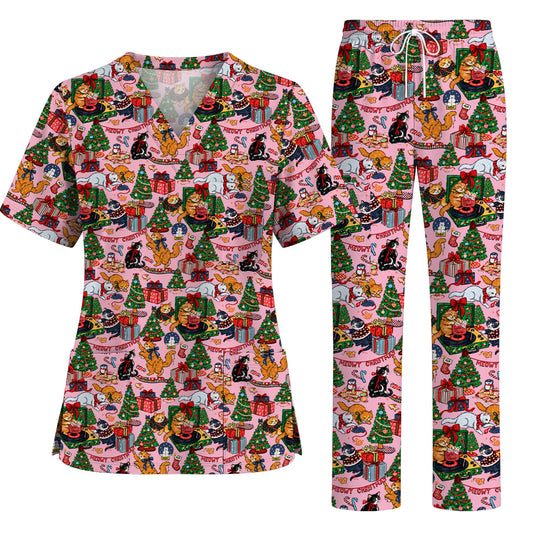 Meowy Christmas Cat Scrub Top, Cute Festive Kittens & Christmas Gifts Pattern Nurse Uniform, Holiday Xmas Medical Scrubs For Nursing