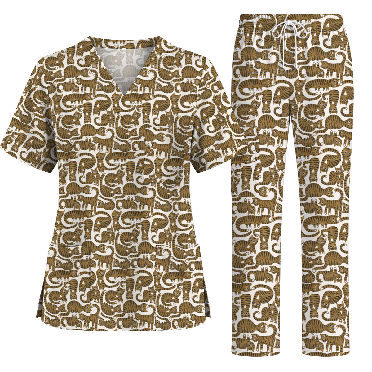 Cute Tabby Cat Pattern Scrub Top, Brown Tabby Cat Nursing Uniform for Cat Lovers, Comfortable Feline Scrubs for Nurses