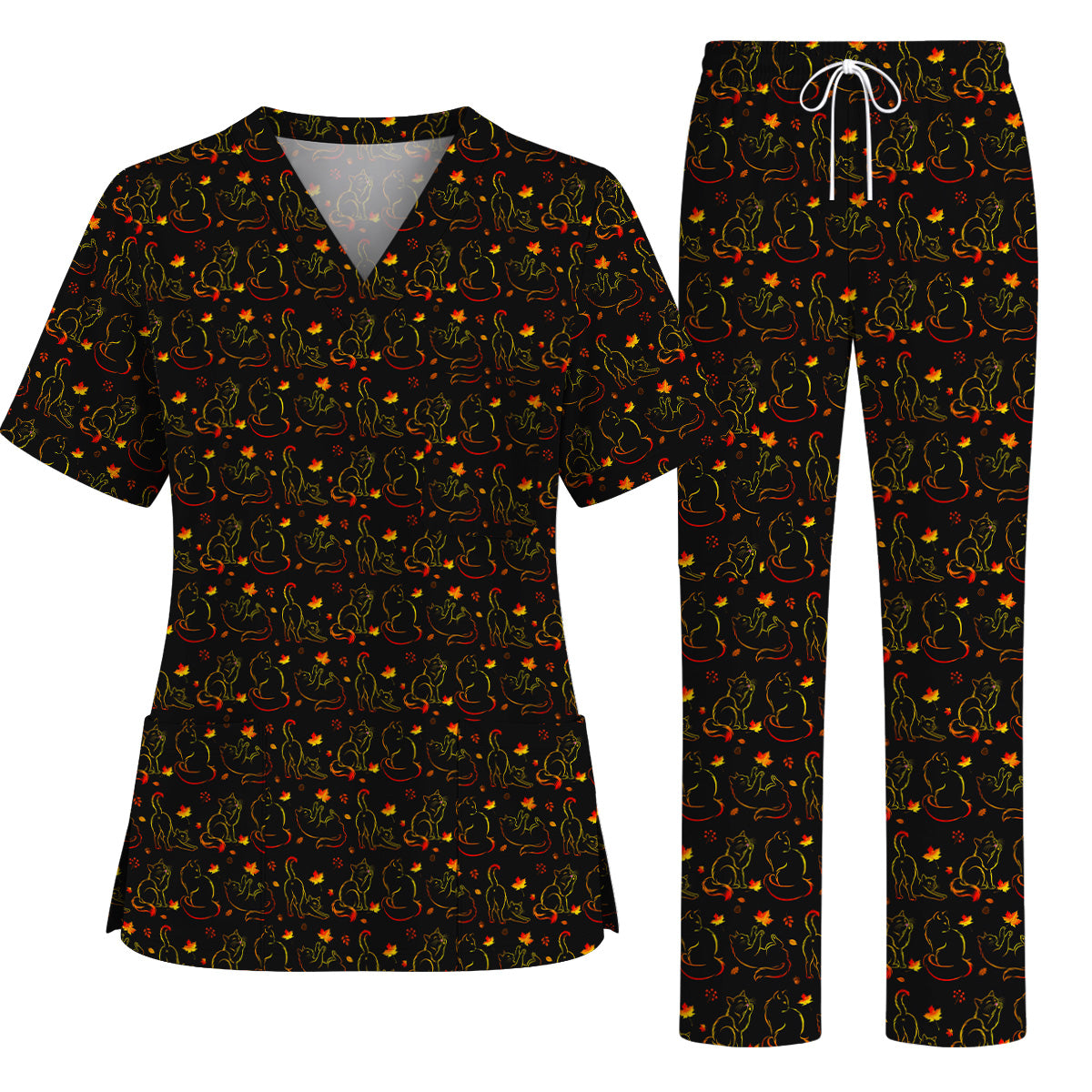 Autumn Black Cat Scrub Top, Fall Cat Nursing Uniform for Cat Lovers, Comfortable Feline Medical Scrubs For Nurse