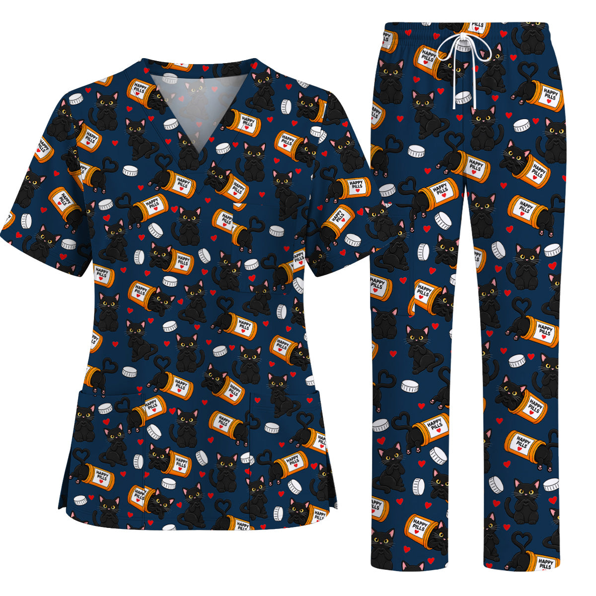 Black Cat Happy Pills Nurse Scrub Top, Funny Pharmacy Cat Scrubs for Nurses, Cute Medical Nursing Uniform Gift