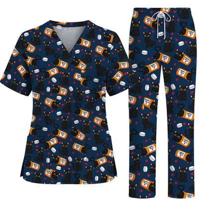 Black Cat Happy Pills Nurse Scrub Top, Funny Pharmacy Cat Scrubs for Nurses, Cute Medical Nursing Uniform Gift