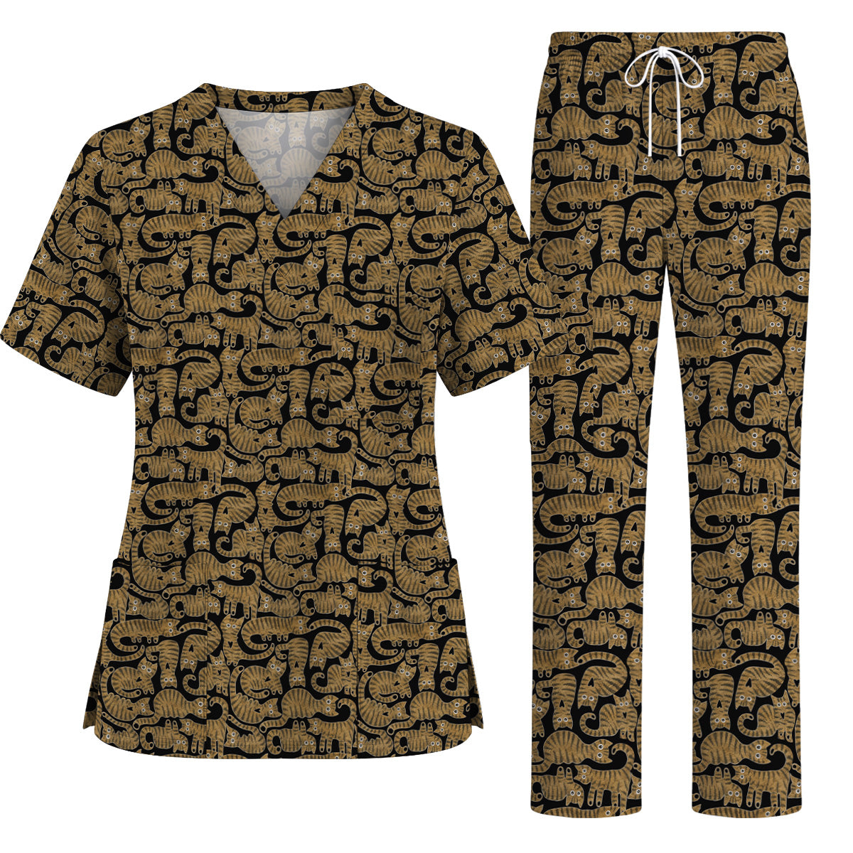 Cute Tabby Cat Pattern Scrub Top, Brown Tabby Cat Nursing Uniform for Cat Lovers, Comfortable Feline Scrubs for Nurses