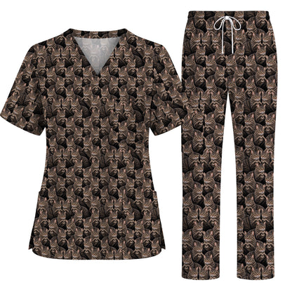 Tabby Cat Pattern Scrub Top, Brown Tabby Cat Nurse Scrubs, Cat Lover Nursing Uniform