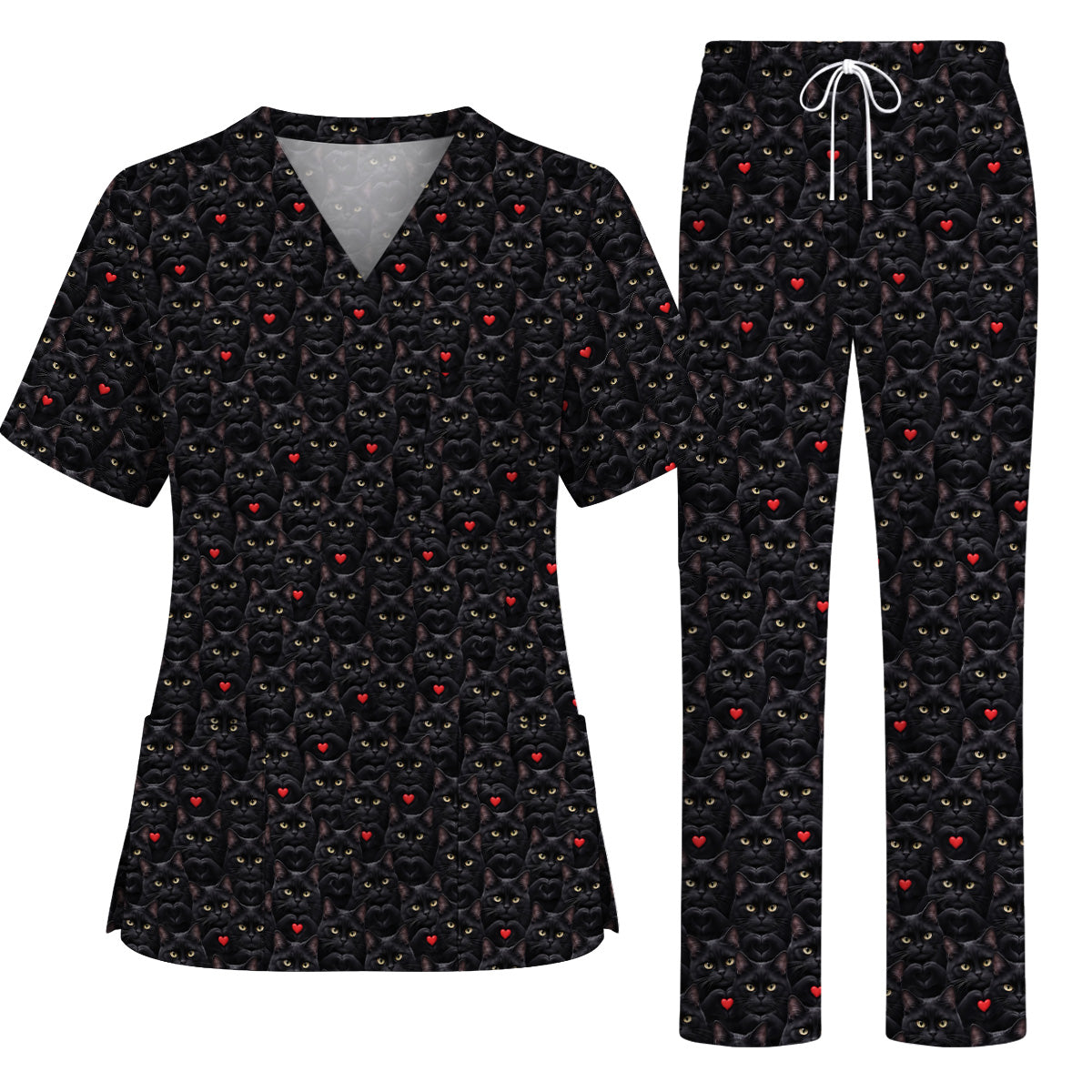 Black Cat Heart Pattern Nurse Scrub Top, Cute Cat Lover Scrubs For Nurses, Breathable Fabrics Nursing Uniform