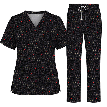 Black Cat Heart Pattern Nurse Scrub Top, Cute Cat Lover Scrubs For Nurses, Breathable Fabrics Nursing Uniform