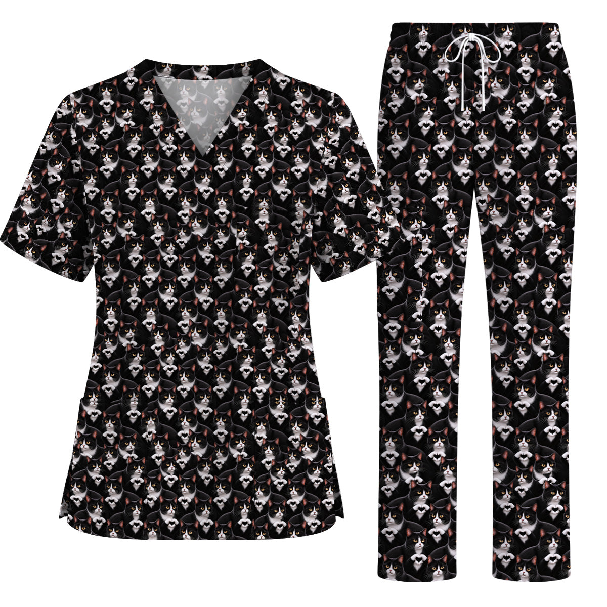 Tuxedo Cat Pattern Scrub Top, Black And White Cat Nurse Scrubs, Breathable Fabrics Nursing Uniform