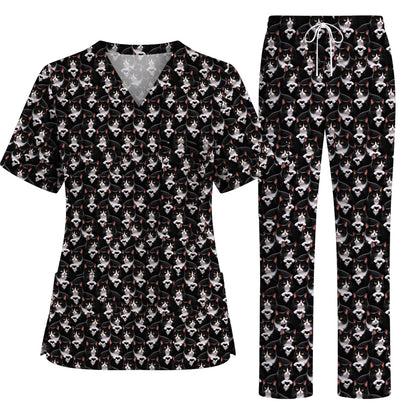 Tuxedo Cat Pattern Scrub Top, Black And White Cat Nurse Scrubs, Breathable Fabrics Nursing Uniform
