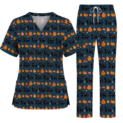 Halloween Black Cat Scrub Top, Pumpkin Cat Print Scrubs, Spooky Nurse Uniform