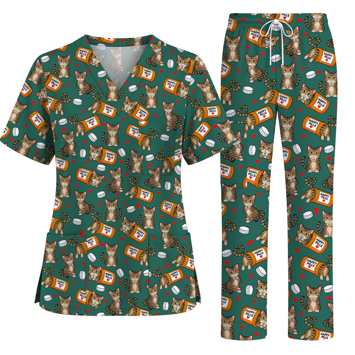 Tabby Cat Nurse Scrub Top, Happy Pills Medical Scrubs, Cute Cat Lover Healthcare Uniform