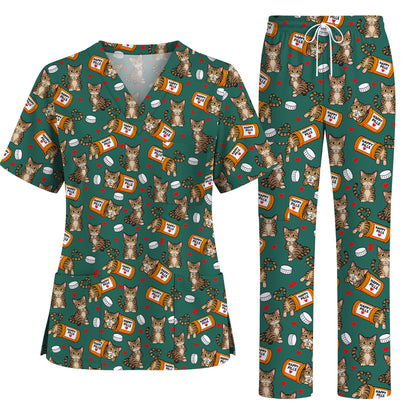 Tabby Cat Nurse Scrub Top, Happy Pills Medical Scrubs, Cute Cat Lover Healthcare Uniform