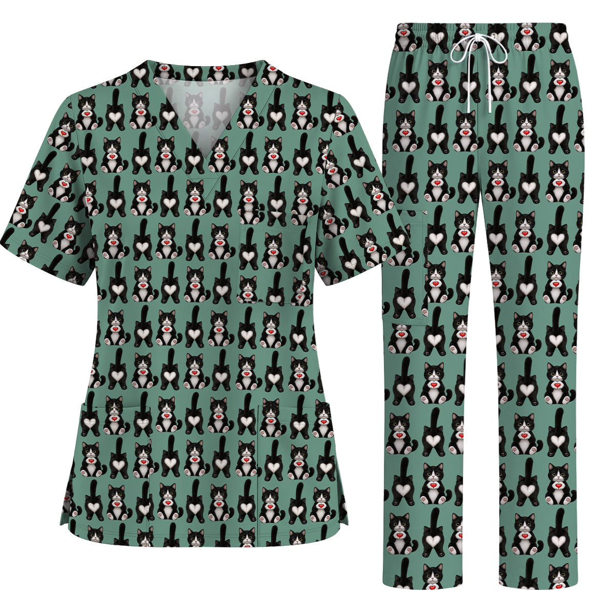 Funny Tuxedo Cat Pattern Scrub Top, Cute Cat Nurse Scrubs, Breathable Fabrics Nursing Uniform