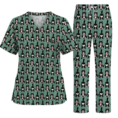 Funny Tuxedo Cat Pattern Scrub Top, Cute Cat Nurse Scrubs, Breathable Fabrics Nursing Uniform