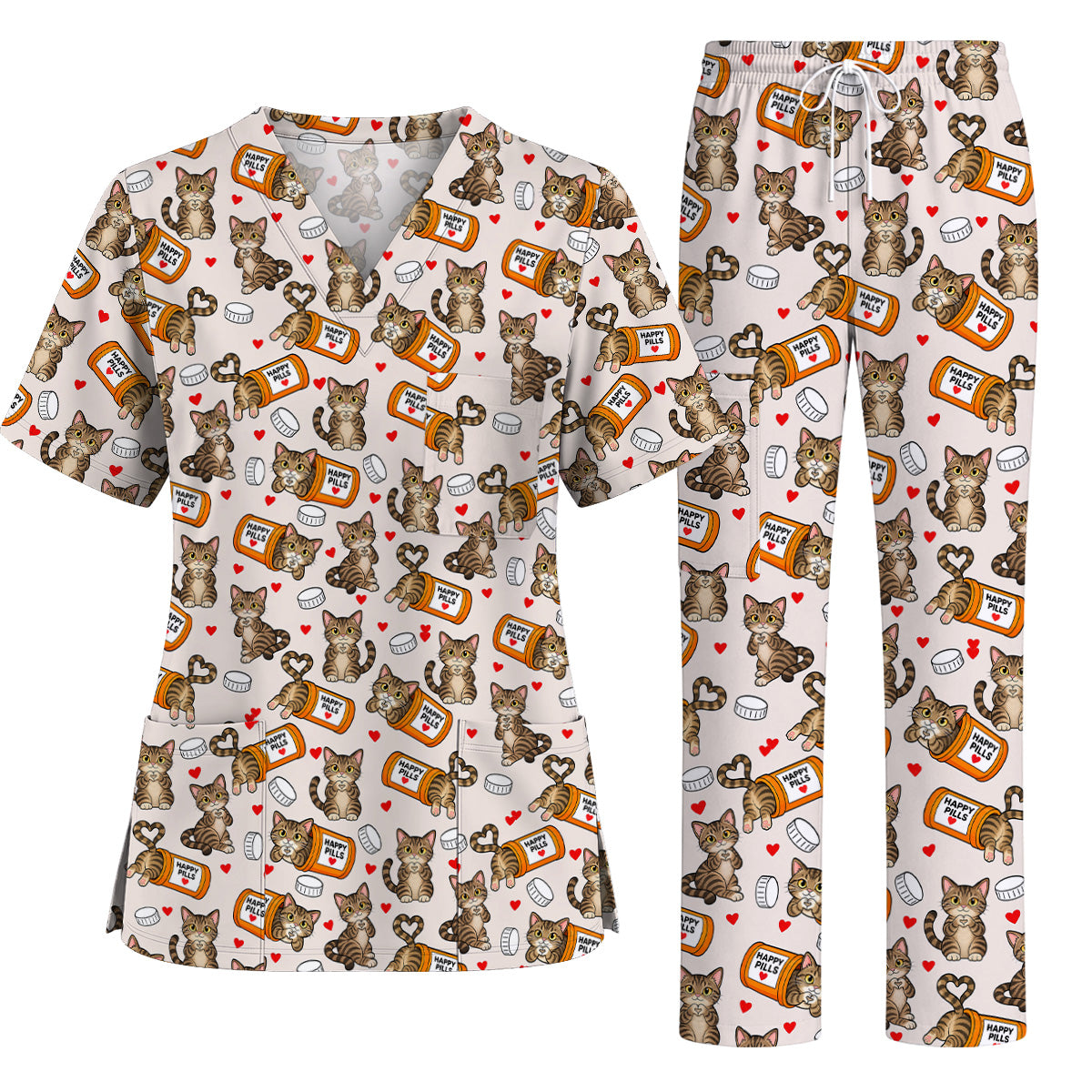 Tabby Cat Nurse Scrub Top, Happy Pills Medical Scrubs, Cute Cat Lover Healthcare Uniform