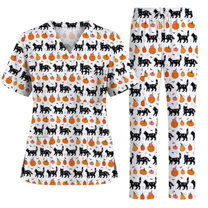 Halloween Black Cat Scrub Top, Pumpkin Cat Print Scrubs, Spooky Nurse Uniform