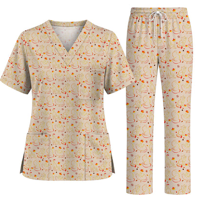Autumn Black Cat Scrub Top, Fall Cat Nursing Uniform for Cat Lovers, Comfortable Feline Medical Scrubs For Nurse