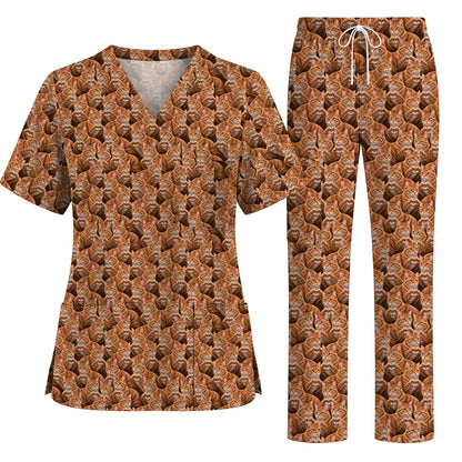 Orange Tabby Cat Pattern Scrub Top, Ginger Cat Nurse Scrubs For Cat Lover, Breathable Fabrics Nursing Uniform