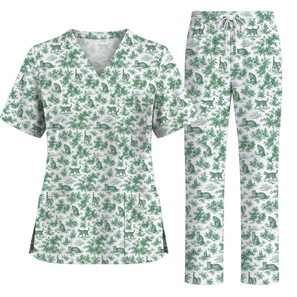 Toile de Jouy Cat Scrub Top, Crazy Cats Pattern Nursing Uniform for Cat Lovers, Vintage Feline Medical Scrubs