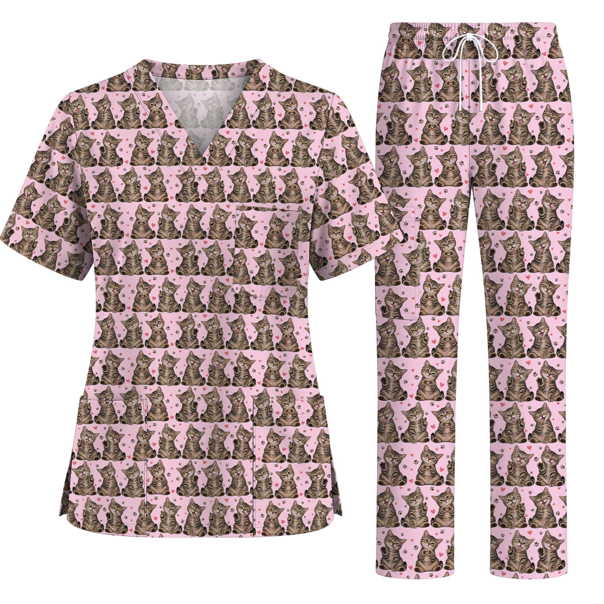 Cute Tabby Cat Pattern Scrub Top, Heart Paw Cat Nurse Scrubs, Breathable Fabrics Nursing Uniform