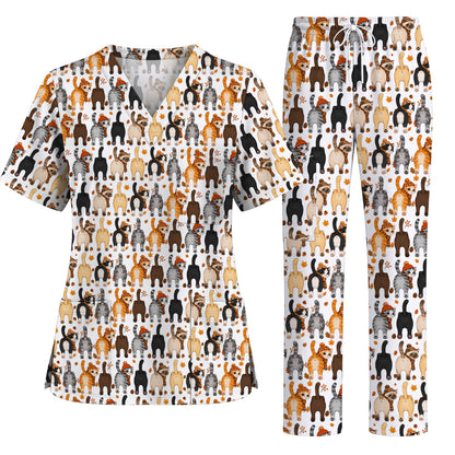 Funny Autumn Cat Scrub Top, Cozy Fall Cat Scrubs Nurse for Cat Lovers, Breathable Fabrics Nursing Uniform
