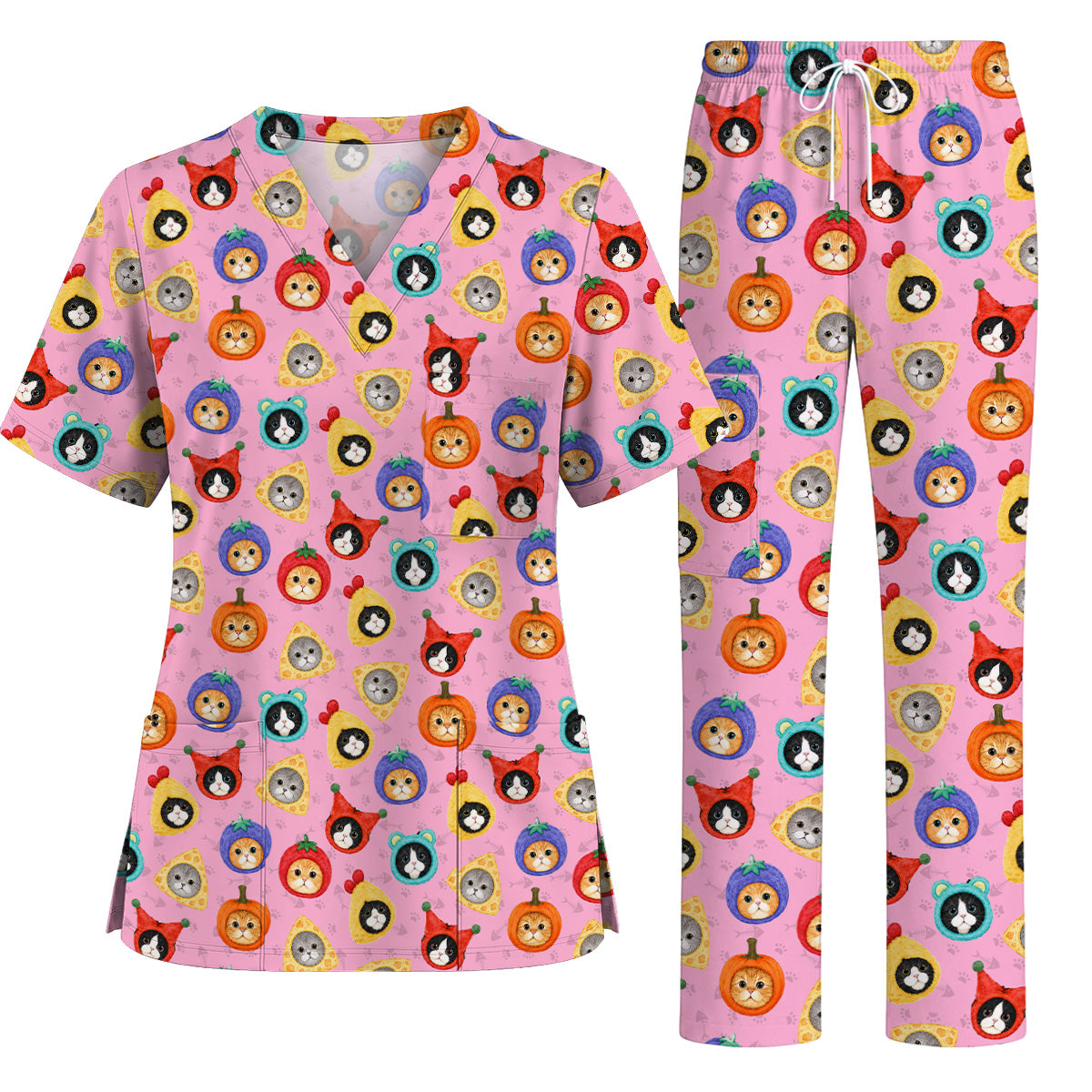Funny Cat Pattern Scrub Top, Cute Kitty Nursing Uniform for Cat Lovers, Comfortable Medical Scrubs for Nurses