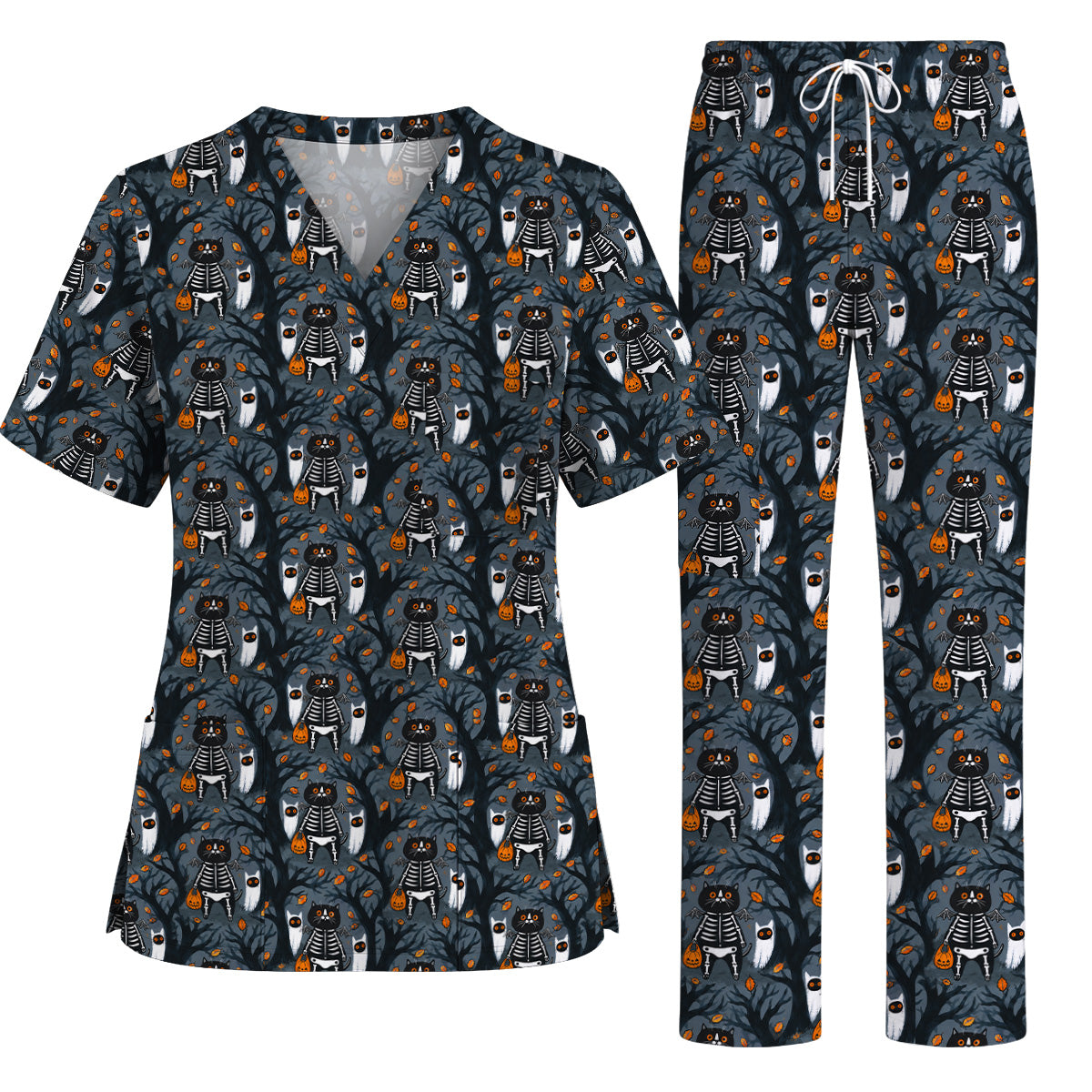 Skeleton Cat Halloween Scrub Top, Spooky Black Cat Nurse Scrubs, Halloween Medical Uniform