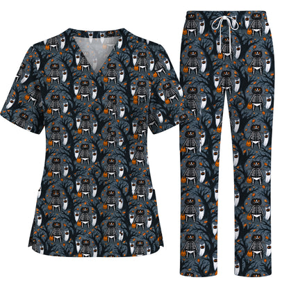 Skeleton Cat Halloween Scrub Top, Spooky Black Cat Nurse Scrubs, Halloween Medical Uniform