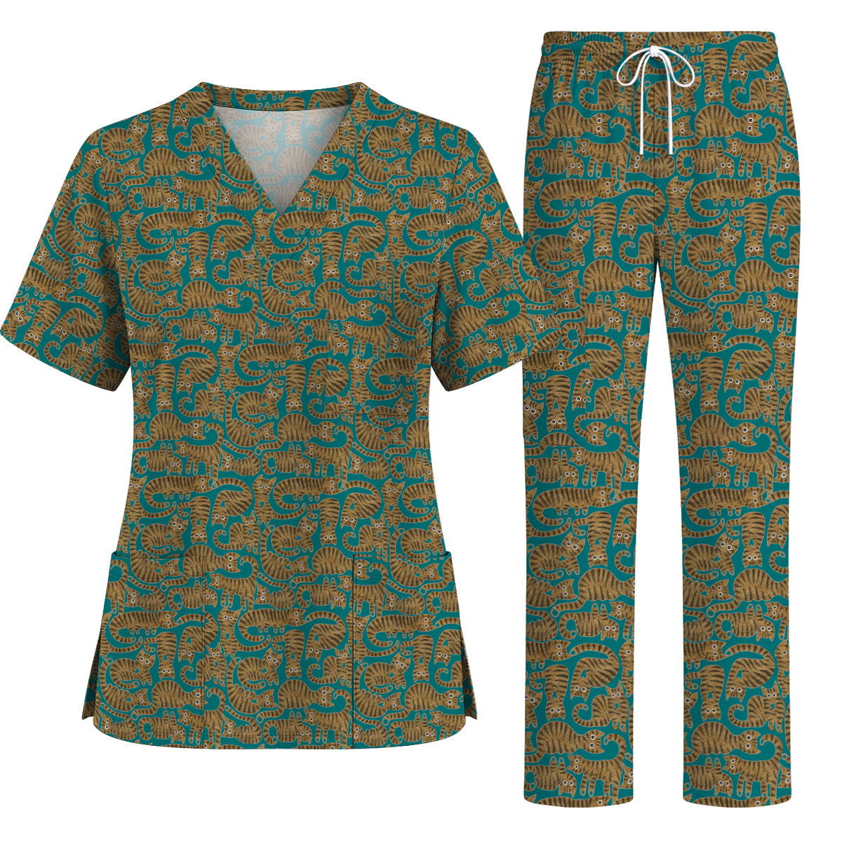 Cute Tabby Cat Pattern Scrub Top, Brown Tabby Cat Nursing Uniform for Cat Lovers, Comfortable Feline Scrubs for Nurses