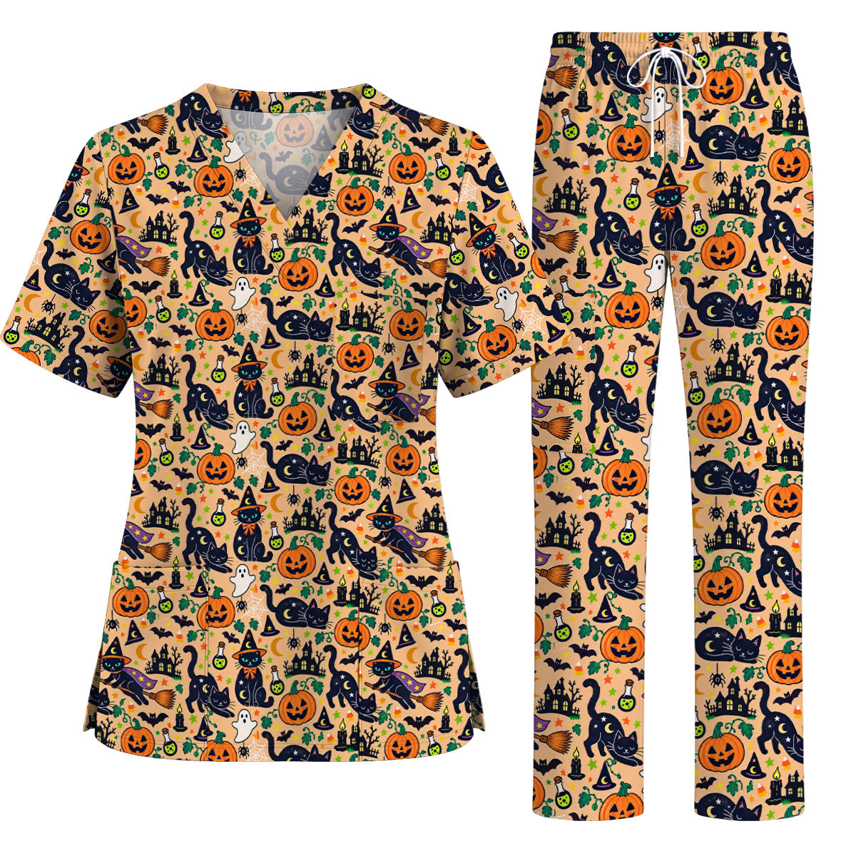 Black Cat Witch Halloween Scrub Top, Spooky Pumpkin Nurse Scrubs, Halloween Medical Uniform