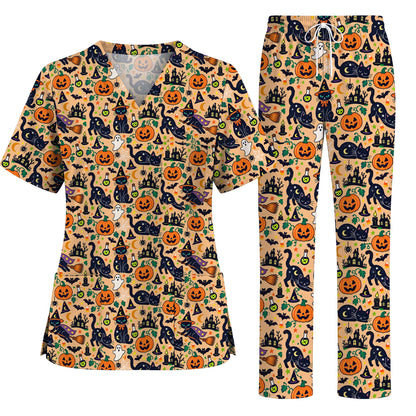 Black Cat Witch Halloween Scrub Top, Spooky Pumpkin Nurse Scrubs, Halloween Medical Uniform
