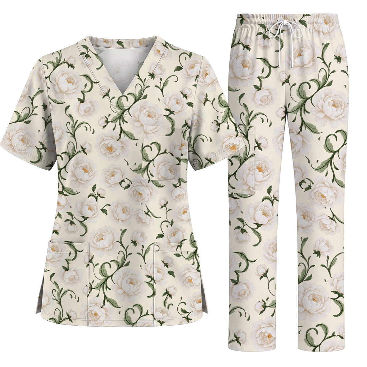 Peony Floral Pattern Scrub Top, Crazy Pink Peony Nurse Scrubs, Breathable Fabrics Nursing Uniform