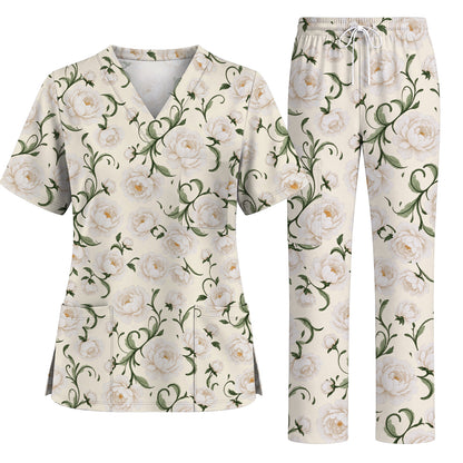 Peony Floral Pattern Scrub Top, Crazy Pink Peony Nurse Scrubs, Breathable Fabrics Nursing Uniform