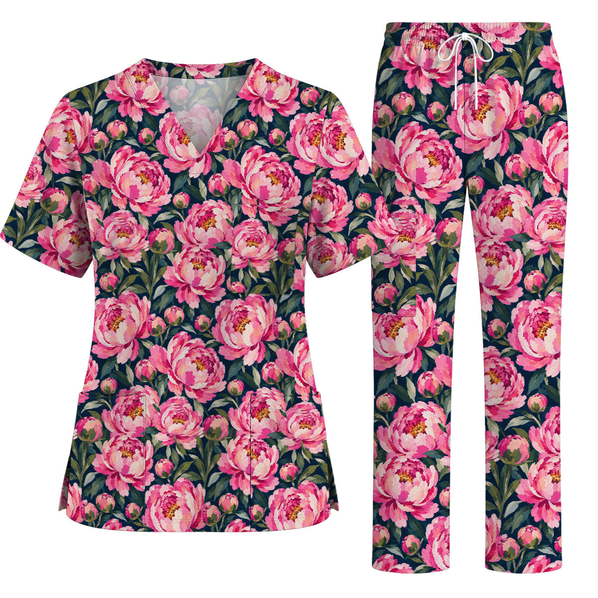 Peony Floral Scrub Top for Women, Pink Peony Nurse Scrub Shirt, Floral Nursing Uniform for Healthcare Workers