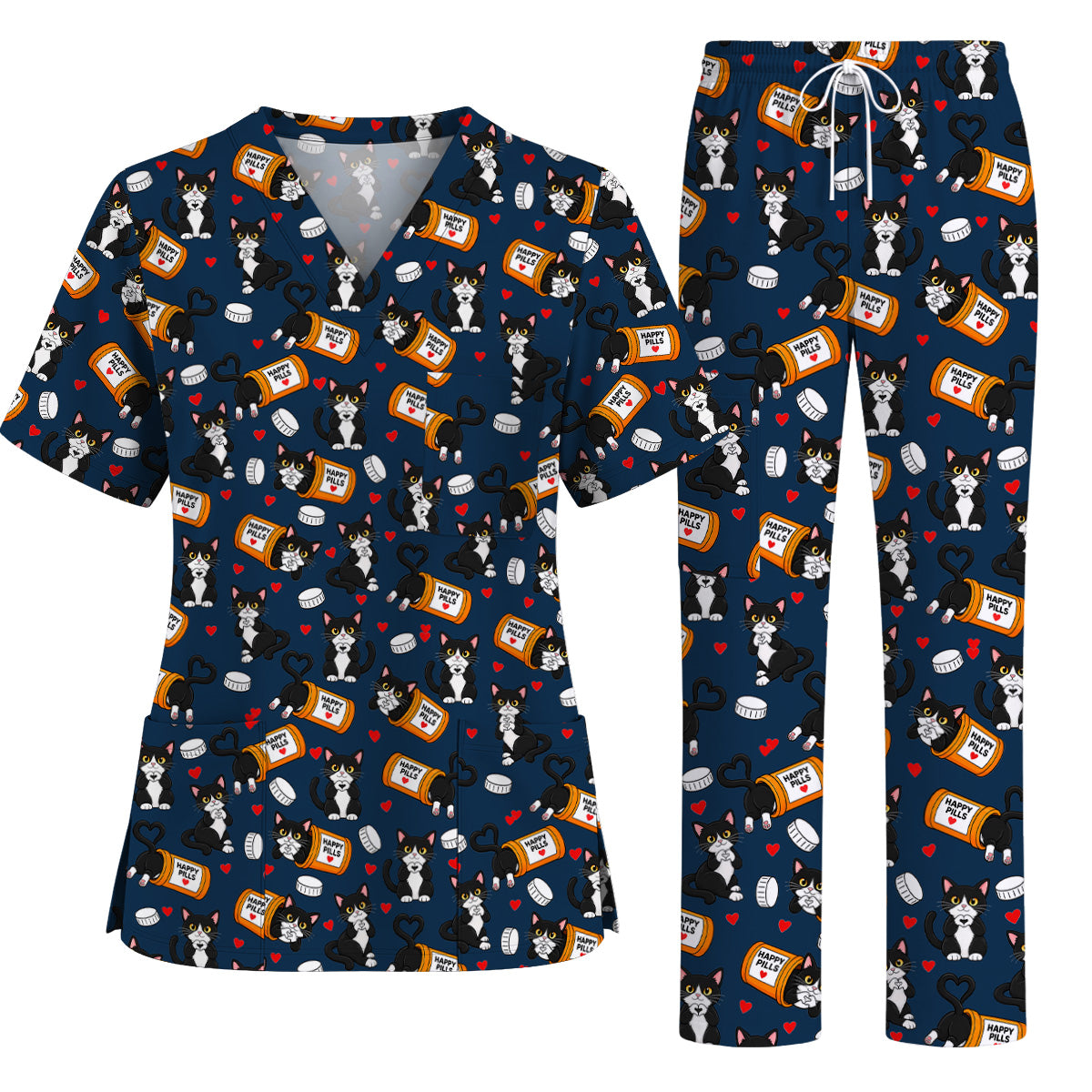 Cute Cat Nurse Scrub Top, Funny Happy Pills Medical Scrubs, Cat Lover Healthcare Uniform