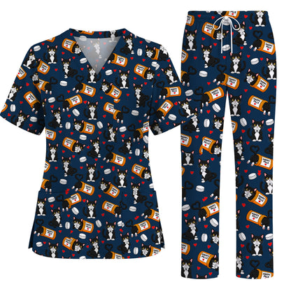 Cute Cat Nurse Scrub Top, Funny Happy Pills Medical Scrubs, Cat Lover Healthcare Uniform