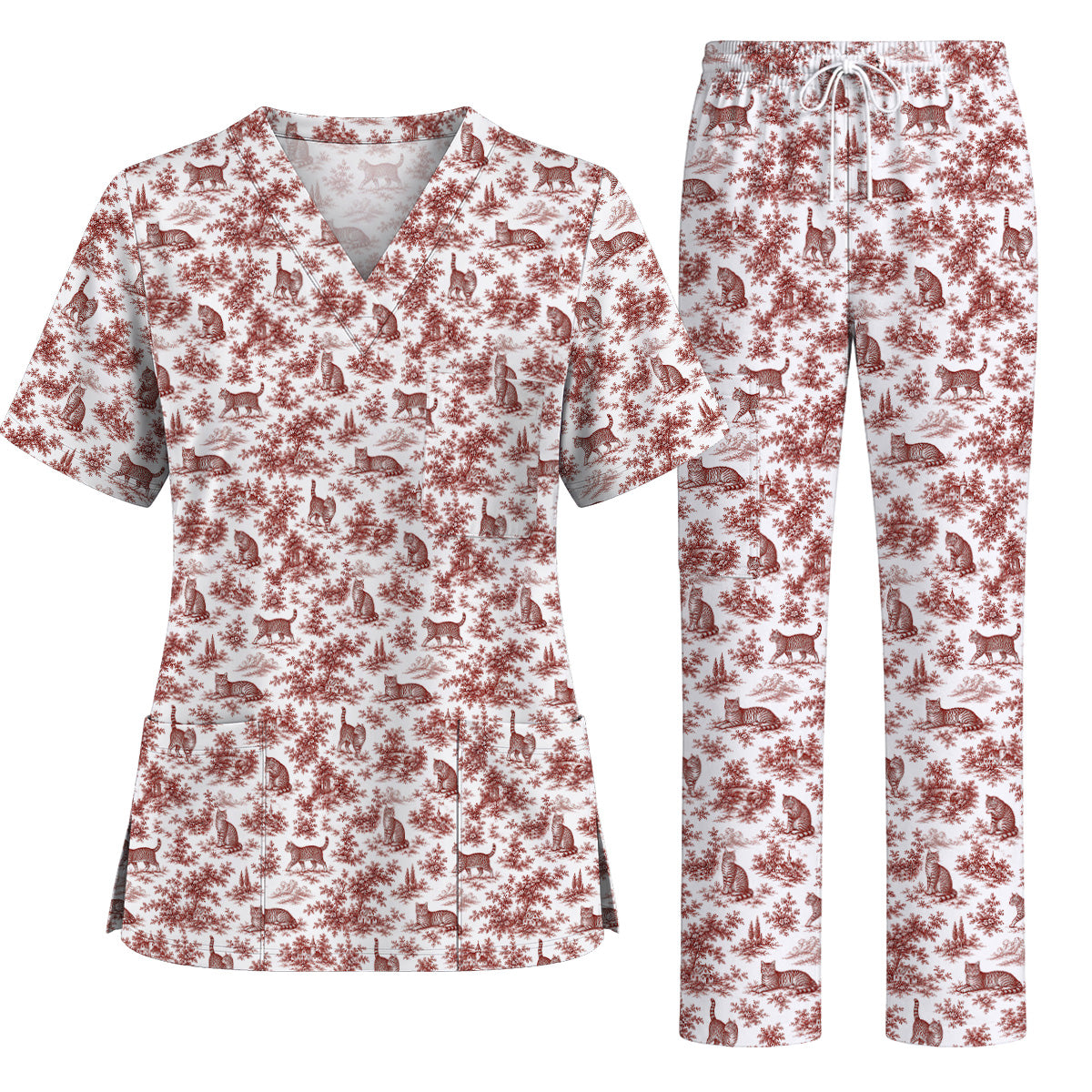 Toile de Jouy Cat Scrub Top, Crazy Cats Pattern Nursing Uniform for Cat Lovers, Vintage Feline Medical Scrubs