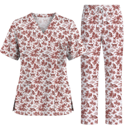 Toile de Jouy Cat Scrub Top, Crazy Cats Pattern Nursing Uniform for Cat Lovers, Vintage Feline Medical Scrubs
