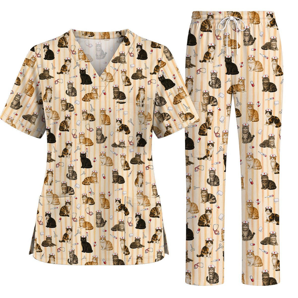 Nurse Cat Scrub Top, Cat Lover Medical Nurse Uniform for Veterinary & Healthcare Workers, Comfortable Feline Nursing Scrubs