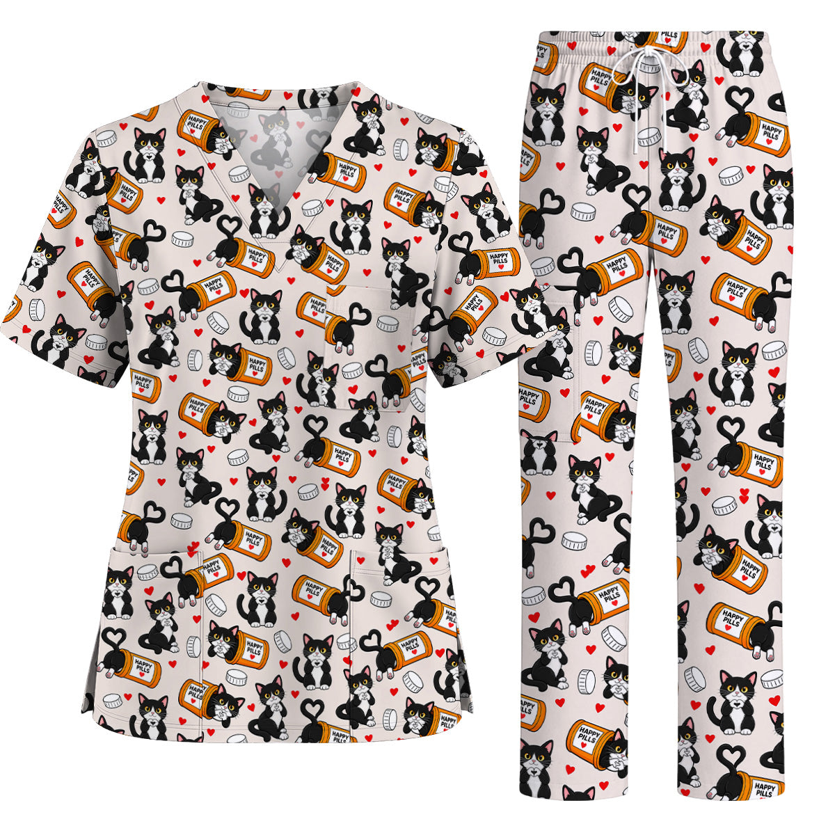 Cute Cat Nurse Scrub Top, Funny Happy Pills Medical Scrubs, Cat Lover Healthcare Uniform