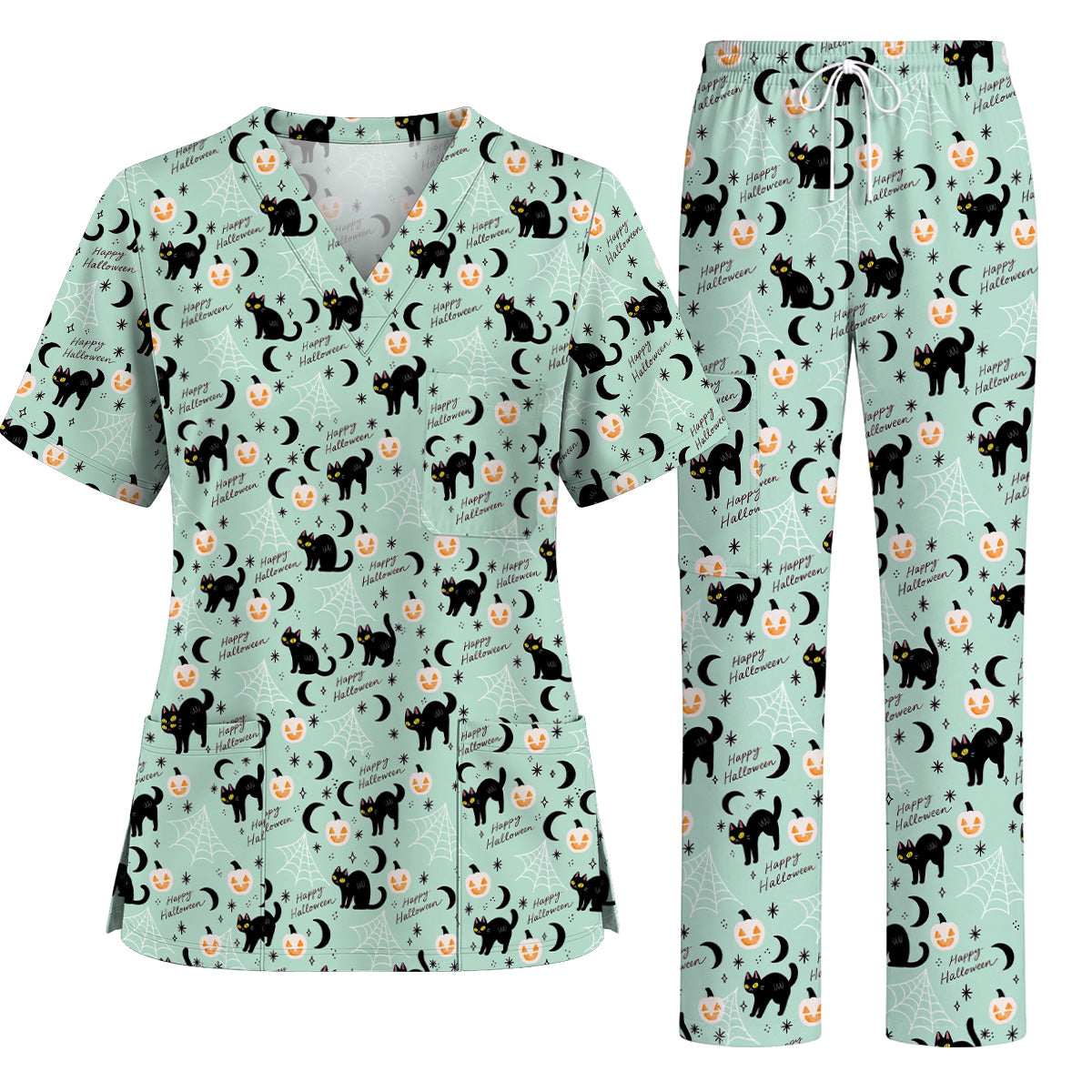 Black Cat Halloween Scrub Top, Cute Pumpkin Nurse Scrubs, Spooky Season Medical Uniform