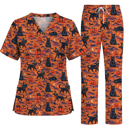 Black Cat Halloween Scrub Top, Witchy Pumpkin Nurse Scrubs, Spooky Season Healthcare Uniform
