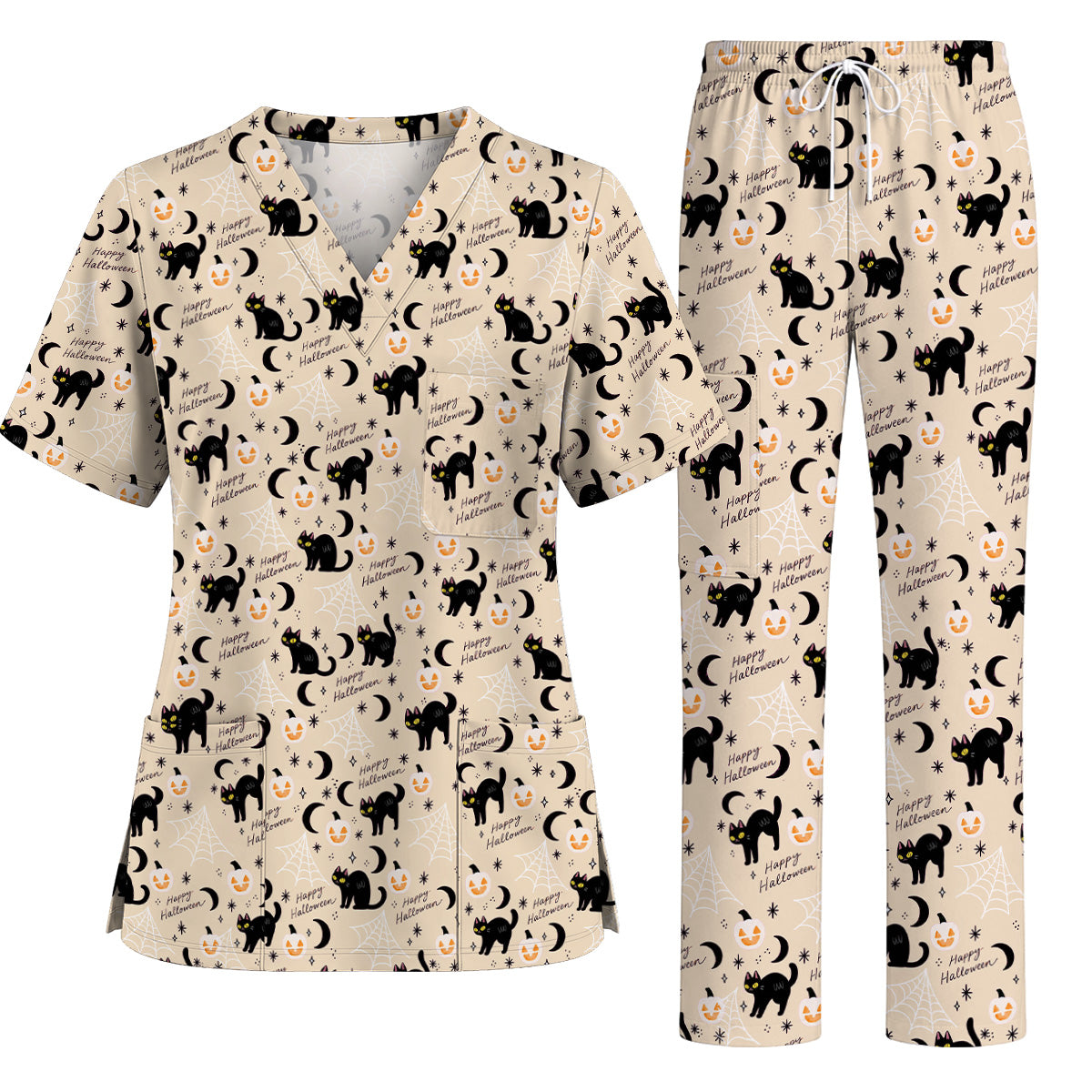 Black Cat Halloween Scrub Top, Cute Pumpkin Nurse Scrubs, Spooky Season Medical Uniform