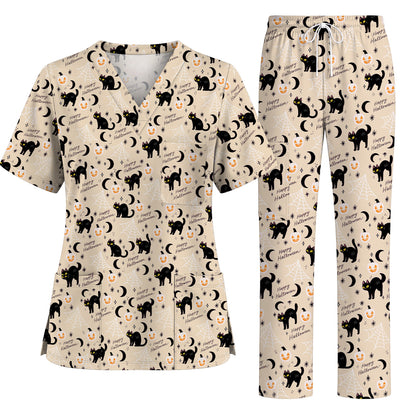 Black Cat Halloween Scrub Top, Cute Pumpkin Nurse Scrubs, Spooky Season Medical Uniform