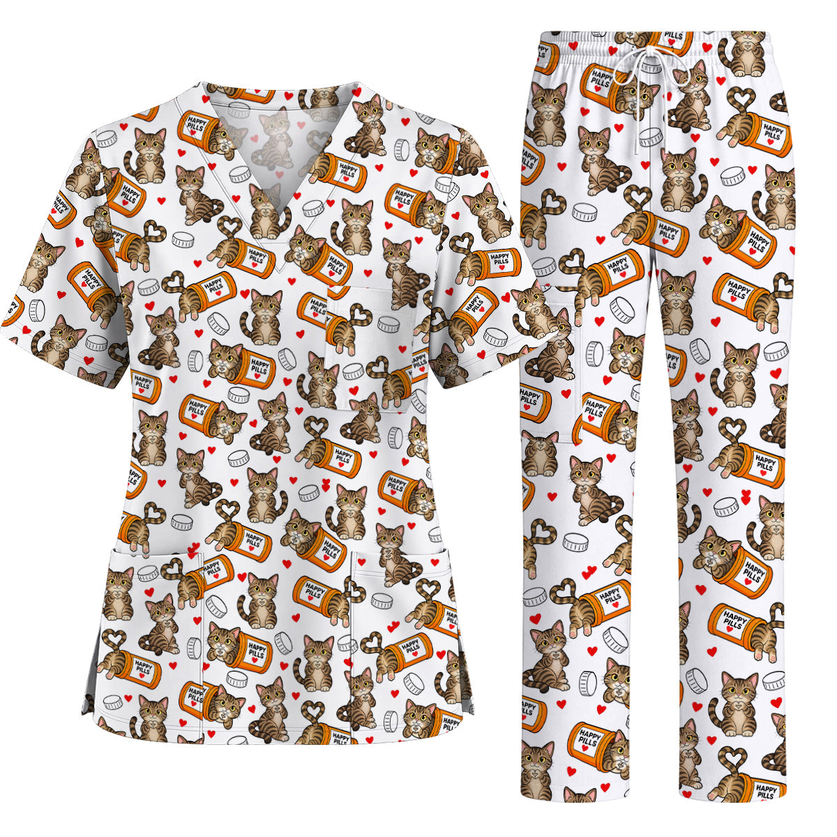 Tabby Cat Nurse Scrub Top, Happy Pills Medical Scrubs, Cute Cat Lover Healthcare Uniform