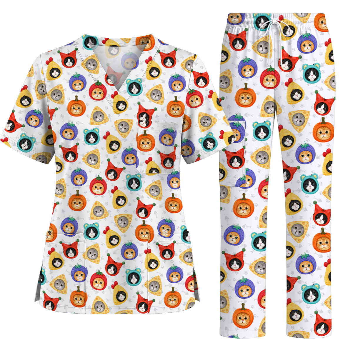 Funny Cat Pattern Scrub Top, Cute Kitty Nursing Uniform for Cat Lovers, Comfortable Medical Scrubs for Nurses