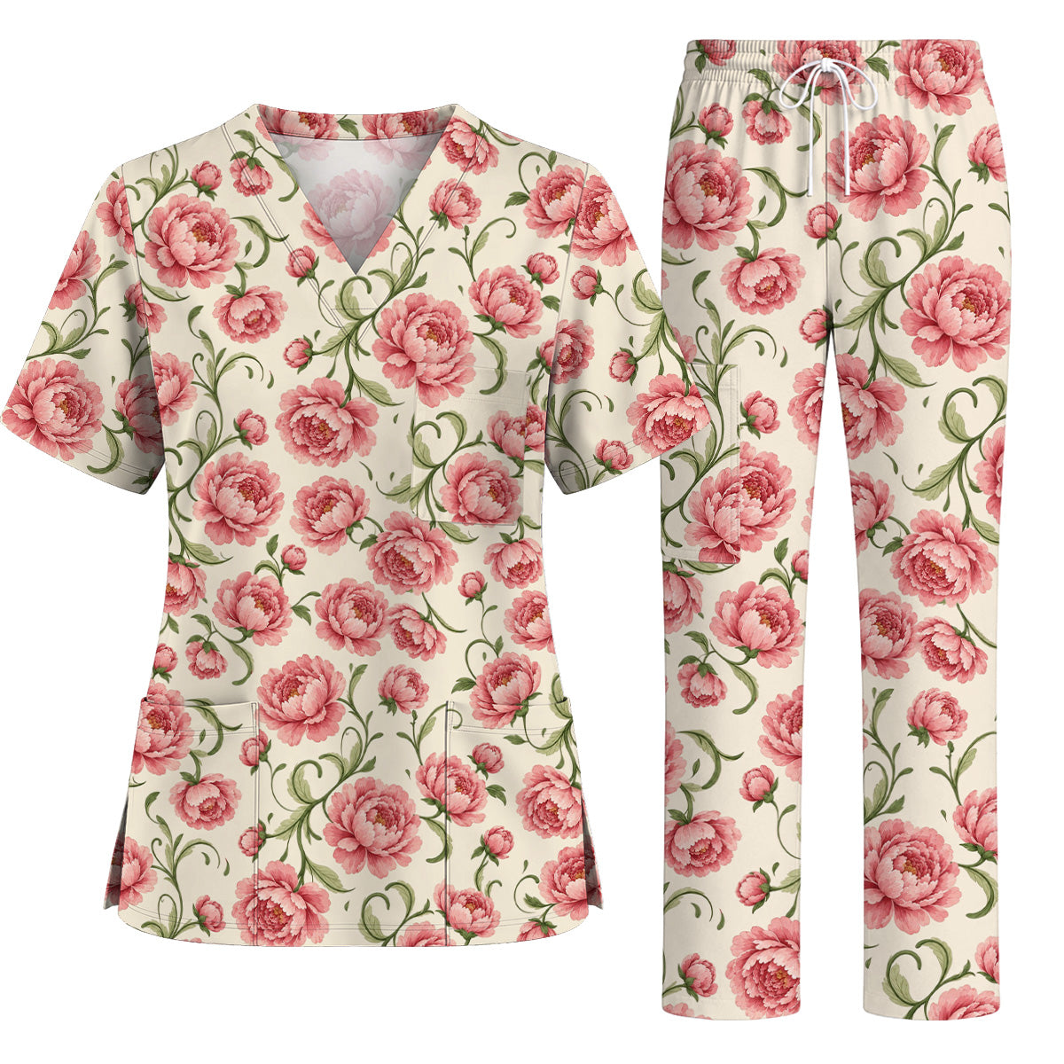 Peony Floral Pattern Scrub Top, Crazy Pink Peony Nurse Scrubs, Breathable Fabrics Nursing Uniform