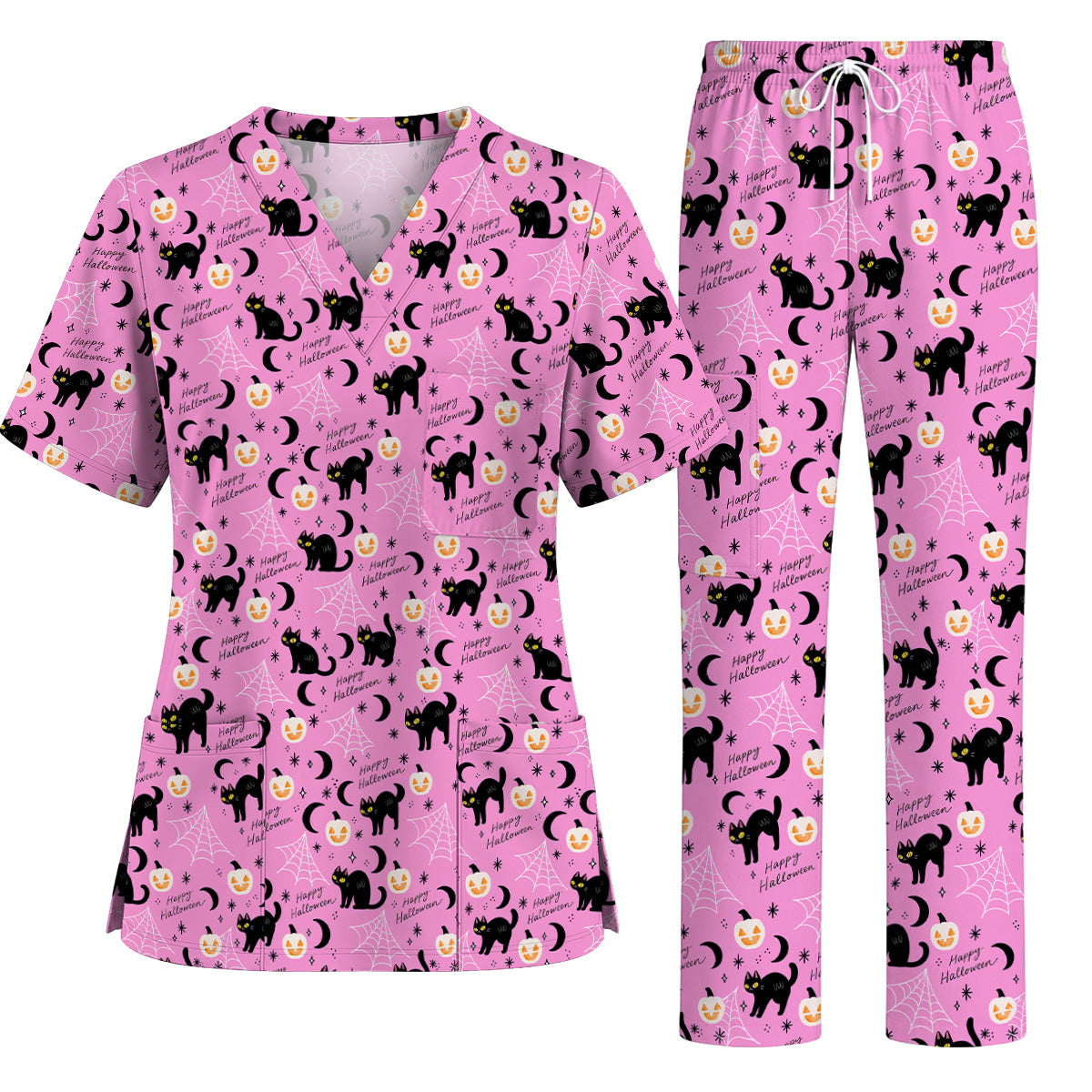 Black Cat Halloween Scrub Top, Cute Pumpkin Nurse Scrubs, Spooky Season Medical Uniform