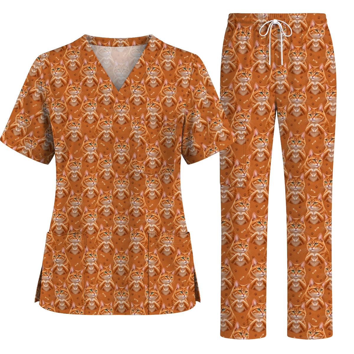 Orange Tabby Cat Love Nurse Scrub Top, Cute Cat Pattern Scrubs For Nurses, Breathable Fabrics Nursing Uniform